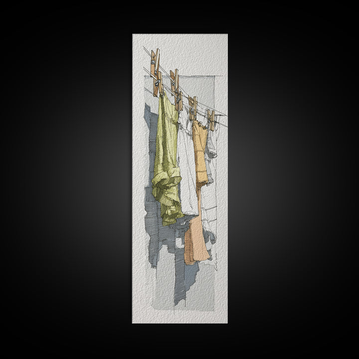 Simple Line Drawing of Hanging Laundry Framed Canvas Print, Laundry Room Art, Fine Art Print, Living Room Decor, Clean, LRA-1x3-4