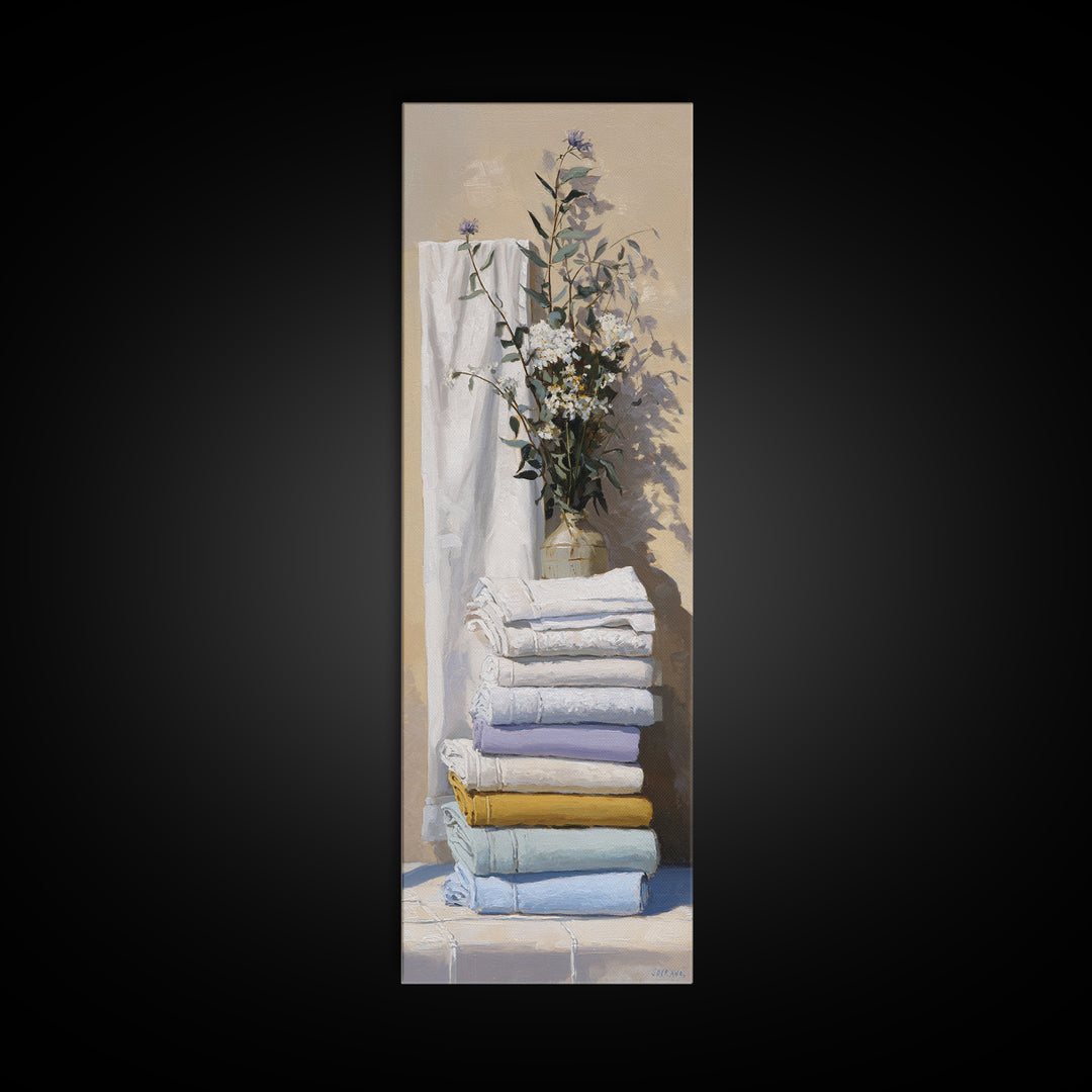 Sunlit White Towels and Eucalyptus Branch Framed Canvas Print, Laundry Room Art, New Home Gift, Living Room Decor, LRA-1x3-47