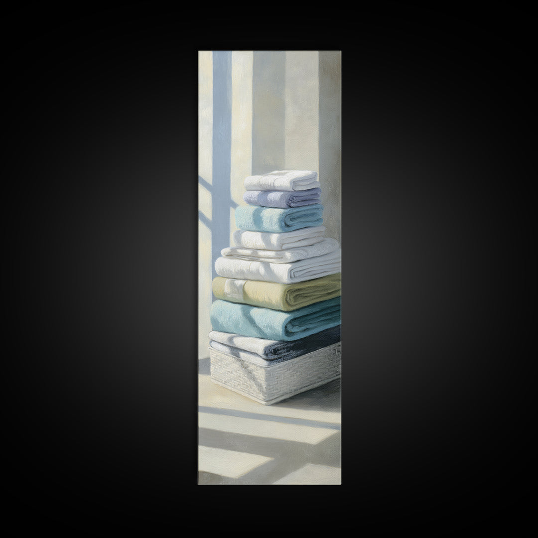 Basket of Folded Towels Framed Canvas Print, Laundry Room Art, Digital Art Print, Living Room Decor, Fine Art, Clean, LRA-1x3-50