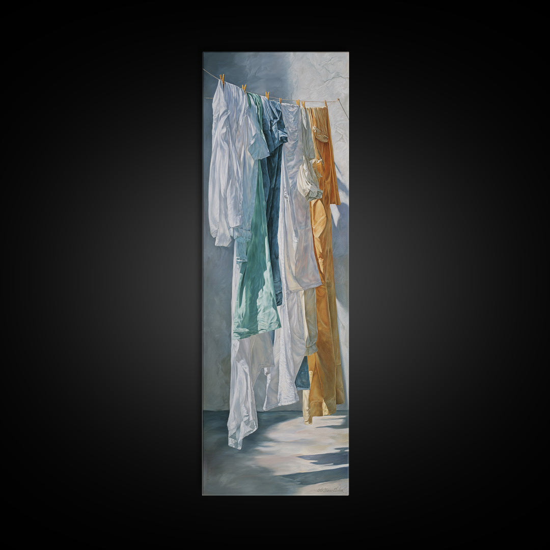 Clothesline with White Linens Blowing in Sunshine Canvas Print, Laundry Room Art, Textured Painting, Living Room Decor, Clean, LRA-1x3-61
