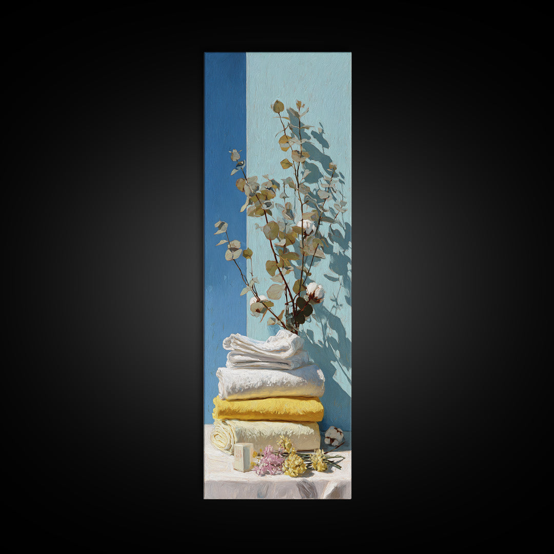 Sunlit White Towels and Eucalyptus Branch Framed Canvas Print, Laundry Room Art, Custom Wall Art, Living Room Decor, Clean, LRA-1x3-71