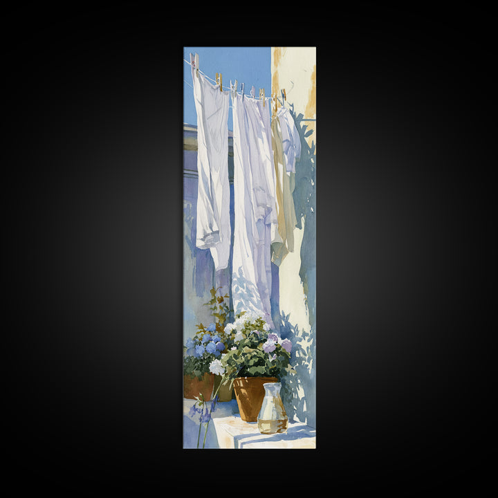 Clothesline with White Linens Blowing in Sunshine Canvas Print, Laundry Room Art, Living Room Decor, Abstract Art, Clean, LRA-1x3-85