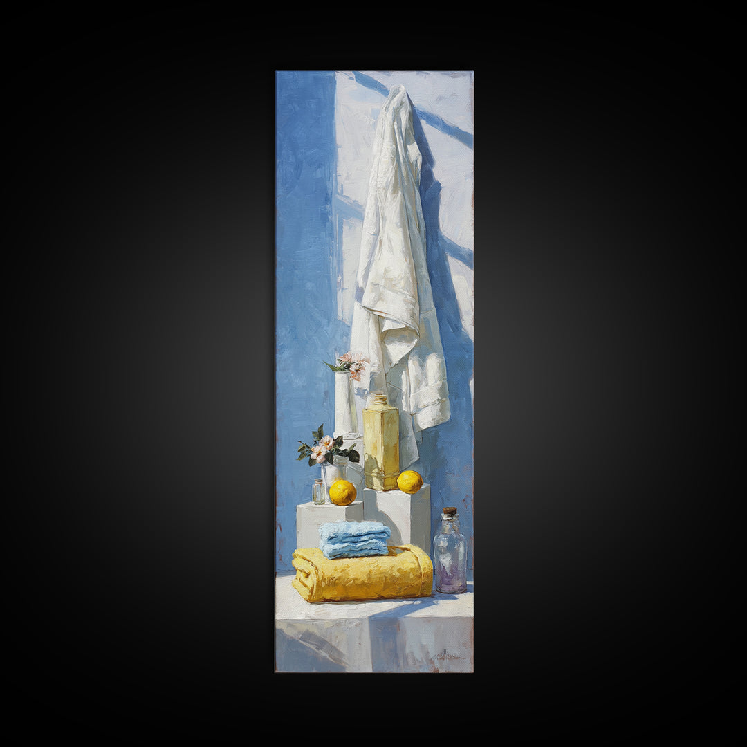 Lemon and Clean Linen Still Life Framed Canvas Print, Laundry Room Art, Living Room Decor, Abstract Art, Clean, LRA-1x3-87