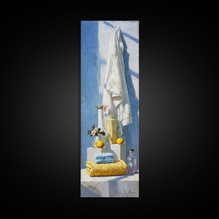 Lemon and Clean Linen Still Life Framed Canvas Print, Laundry Room Art, Living Room Decor, Abstract Art, Clean, LRA-1x3-87