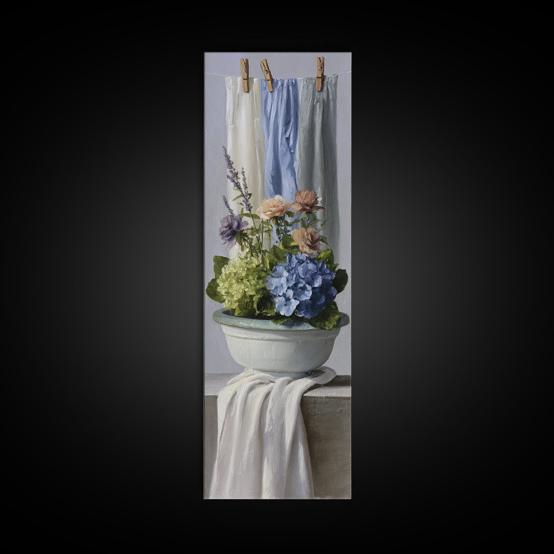 Old Enamel Basin Filled Framed Canvas Print, Laundry Room Art, Retro Wall Art, Living Room Decor, Clean, Digital Art Print, LRA-1x3-92