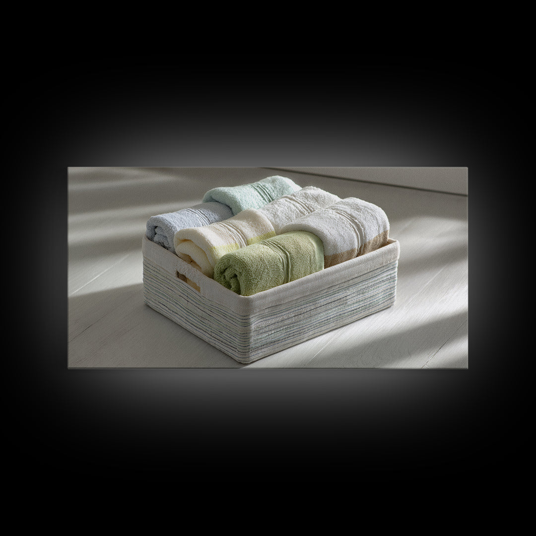 Basket of Folded Towels Framed Canvas Print, Laundry Room Art, Art Print, Living Room Decor, Fine Art, Clean, Artwork, LRA-2x1-10