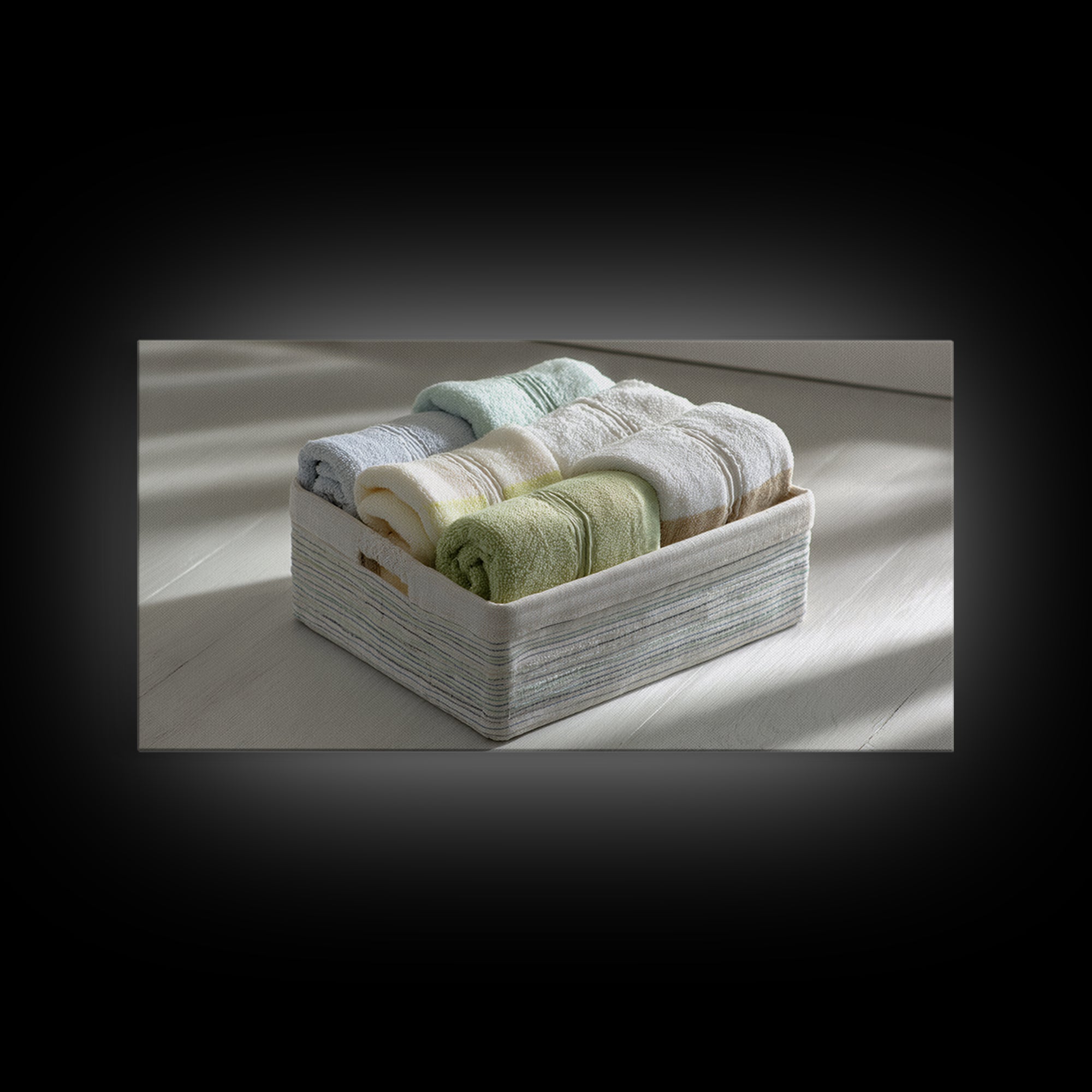 Basket of Folded Towels Framed Canvas Print, Laundry Room Art, Art Print, Living Room Decor, Fine Art, Clean, Artwork, LRA-2x1-10