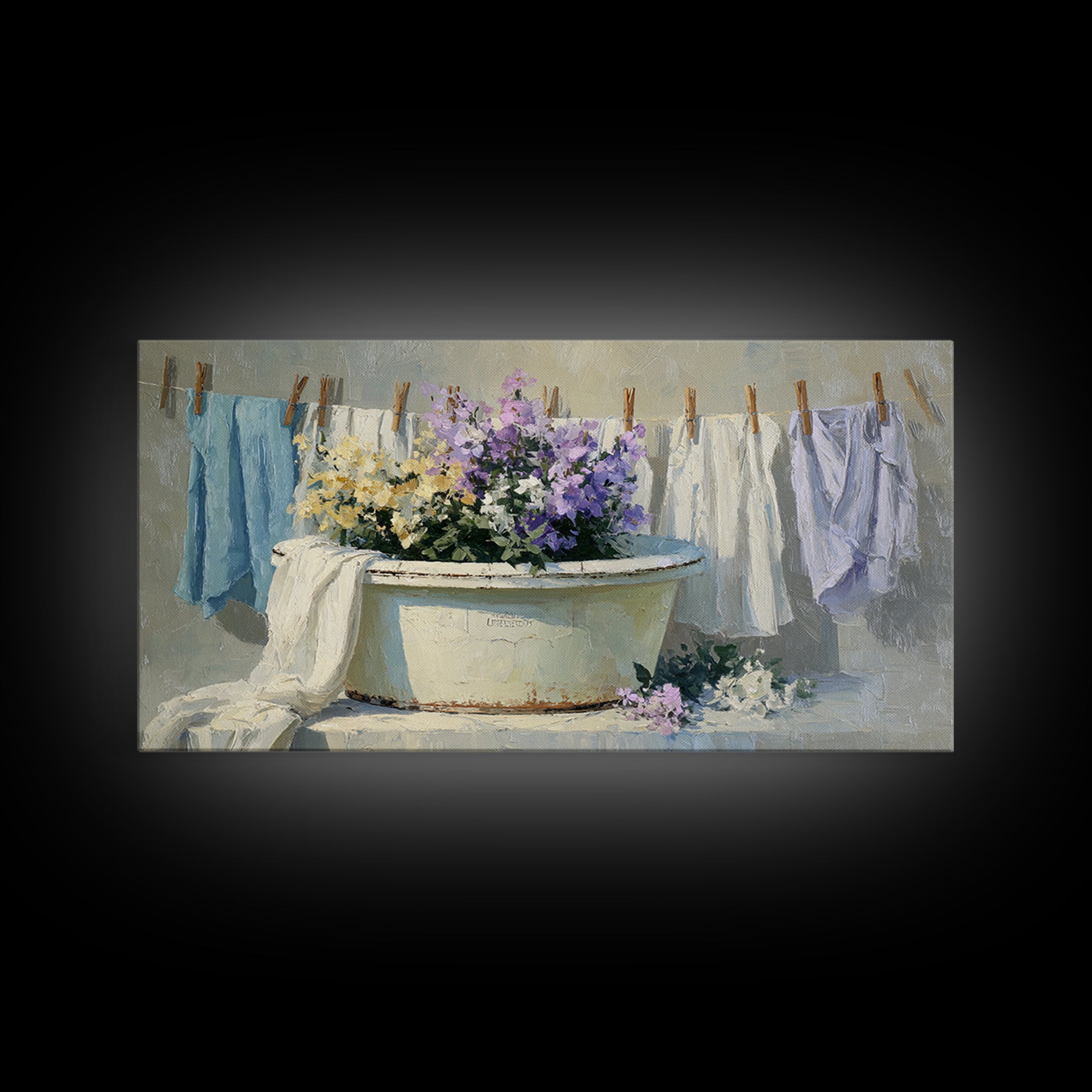 Old Enamel Basin Filled Framed Canvas Print, Laundry Room Art, Farmhouse Wall Art, Living Room Decor, Oil Painting, Clean, LRA-2x1-100