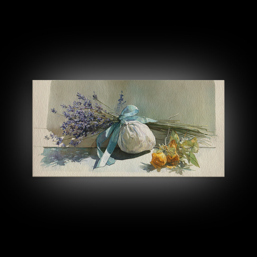 Lavender Sachet and Ribbon Still Life Framed Canvas Print, Laundry Room Art, Minimalist Decor, Living Room Decor, Clean, LRA-2x1-13