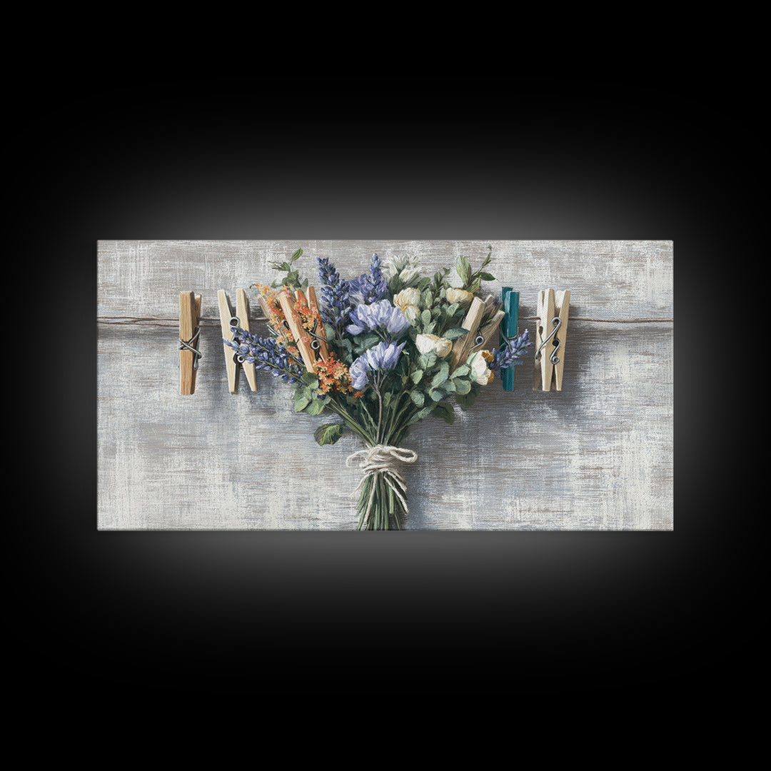 Clothespin Bouquet in Folk Art Style Framed Canvas Print, Laundry Room Art, Fine Art Print, Living Room Decor, Fine Art, Clean, LRA-2x1-16