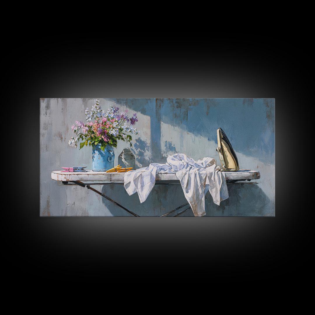 Ironing Board Still Life Framed Canvas Print, Laundry Room Art, Statement Artwork, Living Room Decor, Fine Art, Clean, LRA-2x1-20