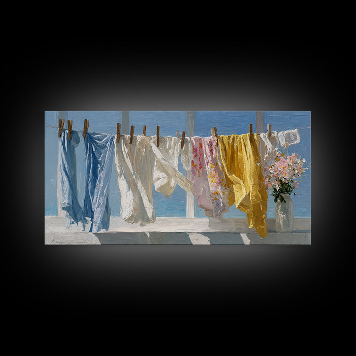 Clothesline with White Linens Blowing in Sunshine Canvas Print, Laundry Room Art, Home Decor, Living Room Decor, Clean, LRA-2x1-21