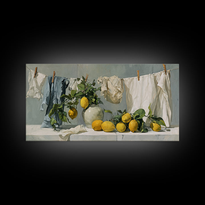 Lemon and Clean Linen Still Life Framed Canvas Print, Laundry Room Art, Digital Wall Art, Living Room Decor, Abstract Art, LRA-2x1-23