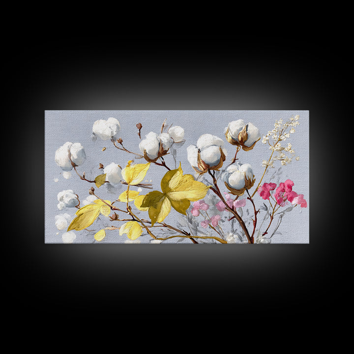 Fresh Cotton Branch Botanical Study Framed Canvas Print, Laundry Room Art, Fine Art Print, Living Room Decor, Fine Art, Clean, LRA-2x1-27