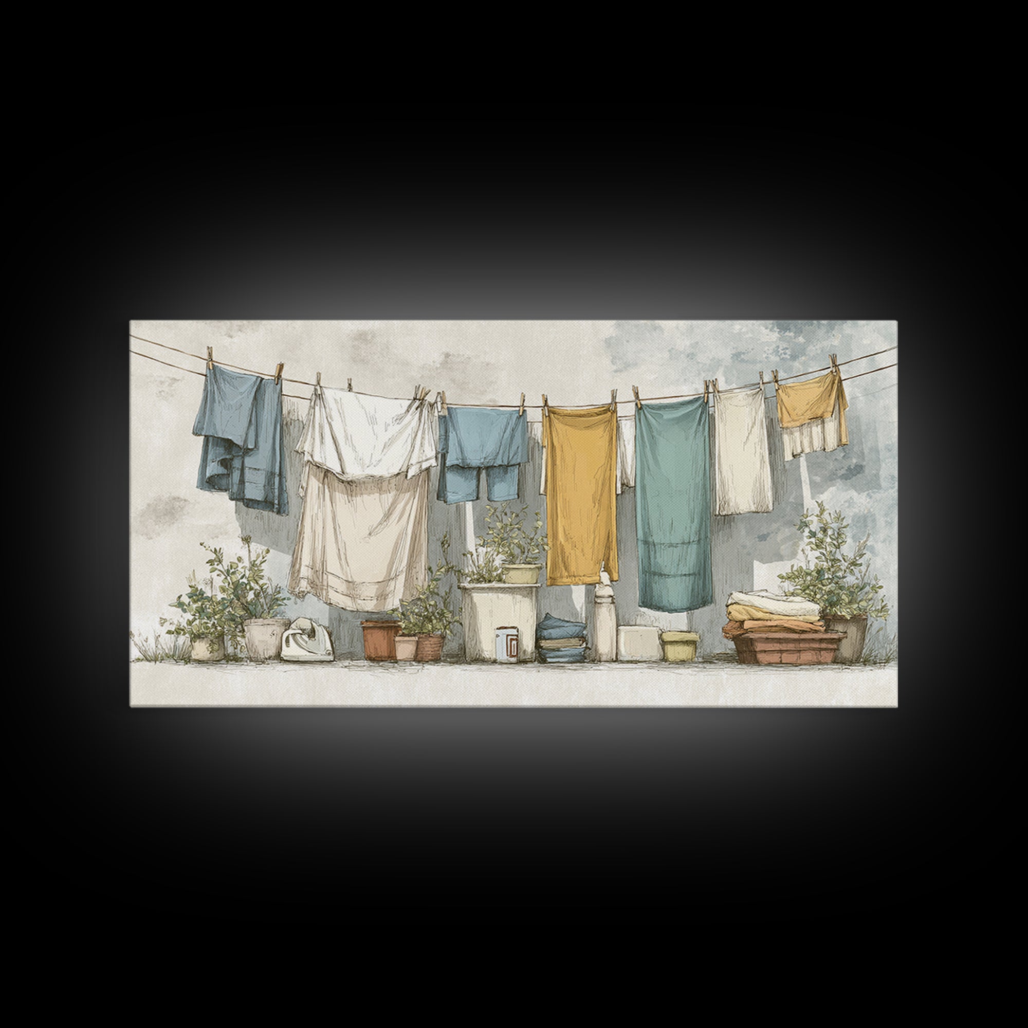 Retro Iron Illustration Framed Canvas Print, Laundry Room Art, Living Room Decor, Watercolor Art, Clean, Wall Art Print, LRA-2x1-29