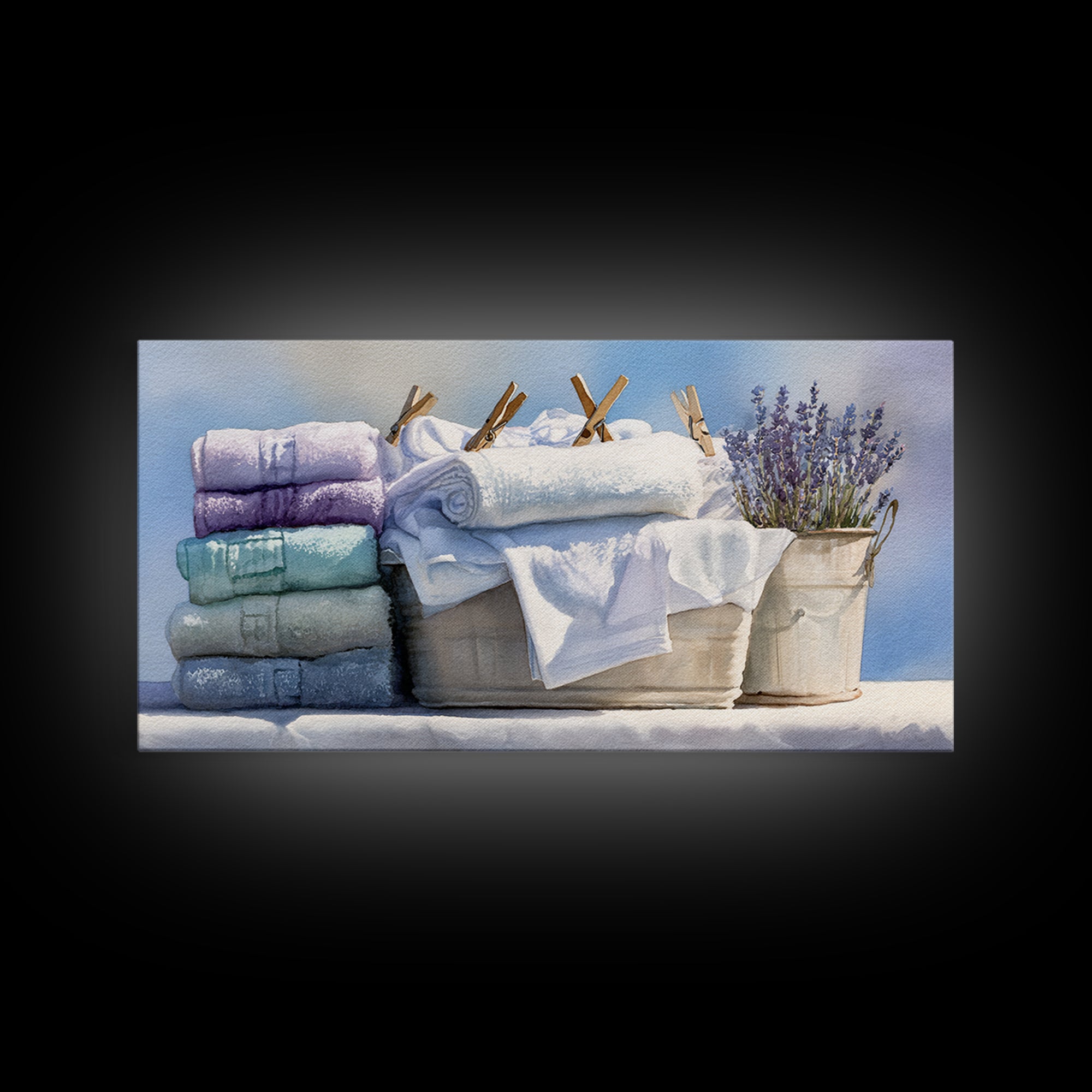 Basket of Folded Towels Framed Canvas Print, Laundry Room Art, Art Print, Living Room Decor, Fine Art, Clean, Artwork, LRA-2x1-34
