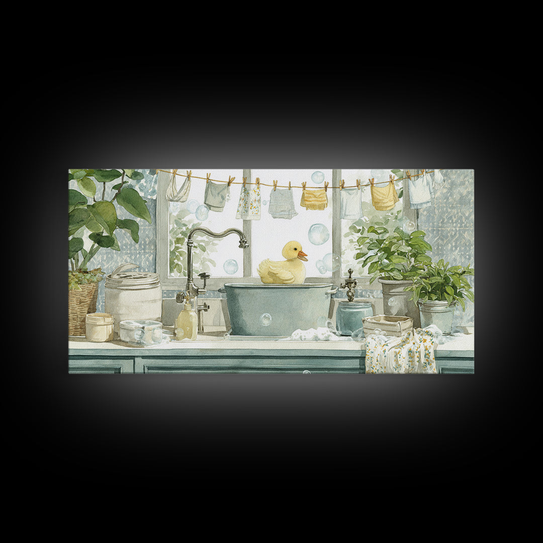 Duck and Bubbles Whimsical Watercolor Framed Canvas Print, Laundry Room Art, Living Room Decor, Oil Painting, Clean, LRA-2x1-35
