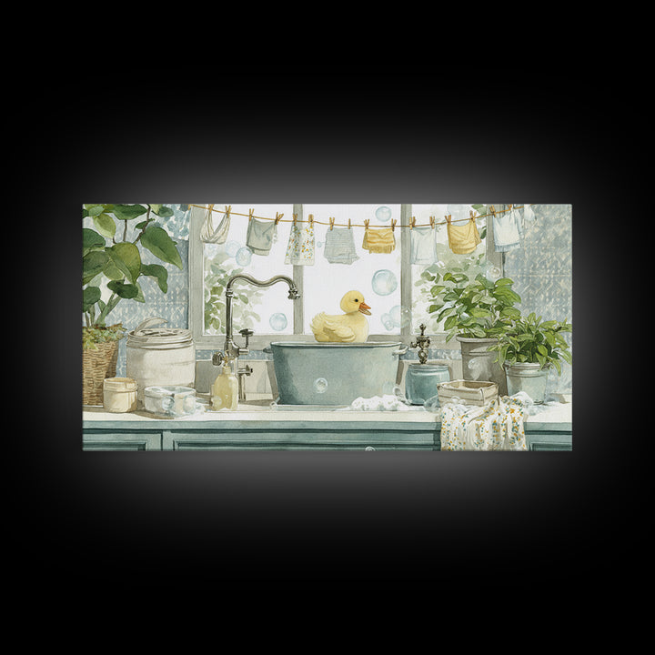 Duck and Bubbles Whimsical Watercolor Framed Canvas Print, Laundry Room Art, Living Room Decor, Oil Painting, Clean, LRA-2x1-35