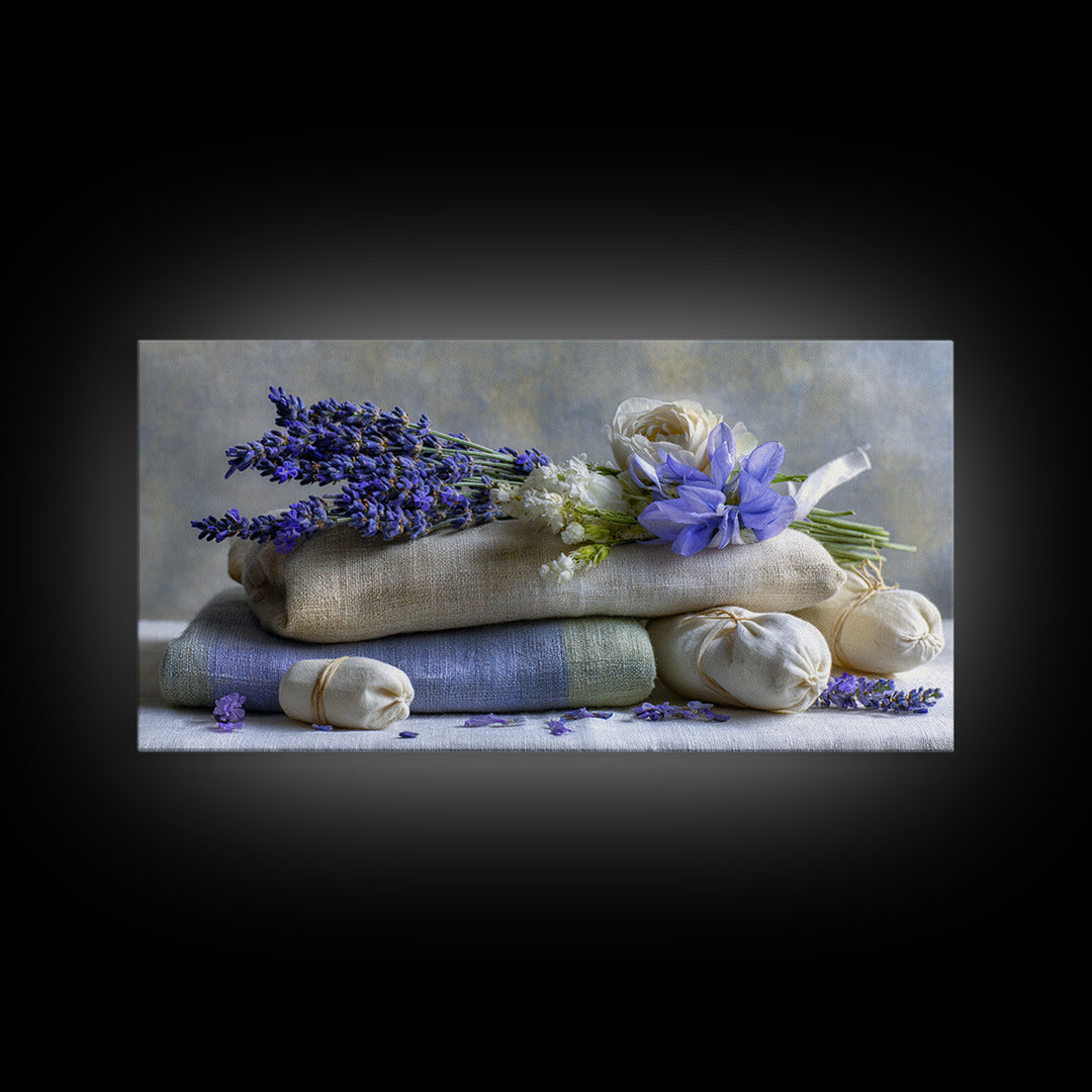 Lavender Sachet and Ribbon Still Life Framed Canvas Print, Laundry Room Art, Minimalist Decor, Living Room Decor, Clean, LRA-2x1-37
