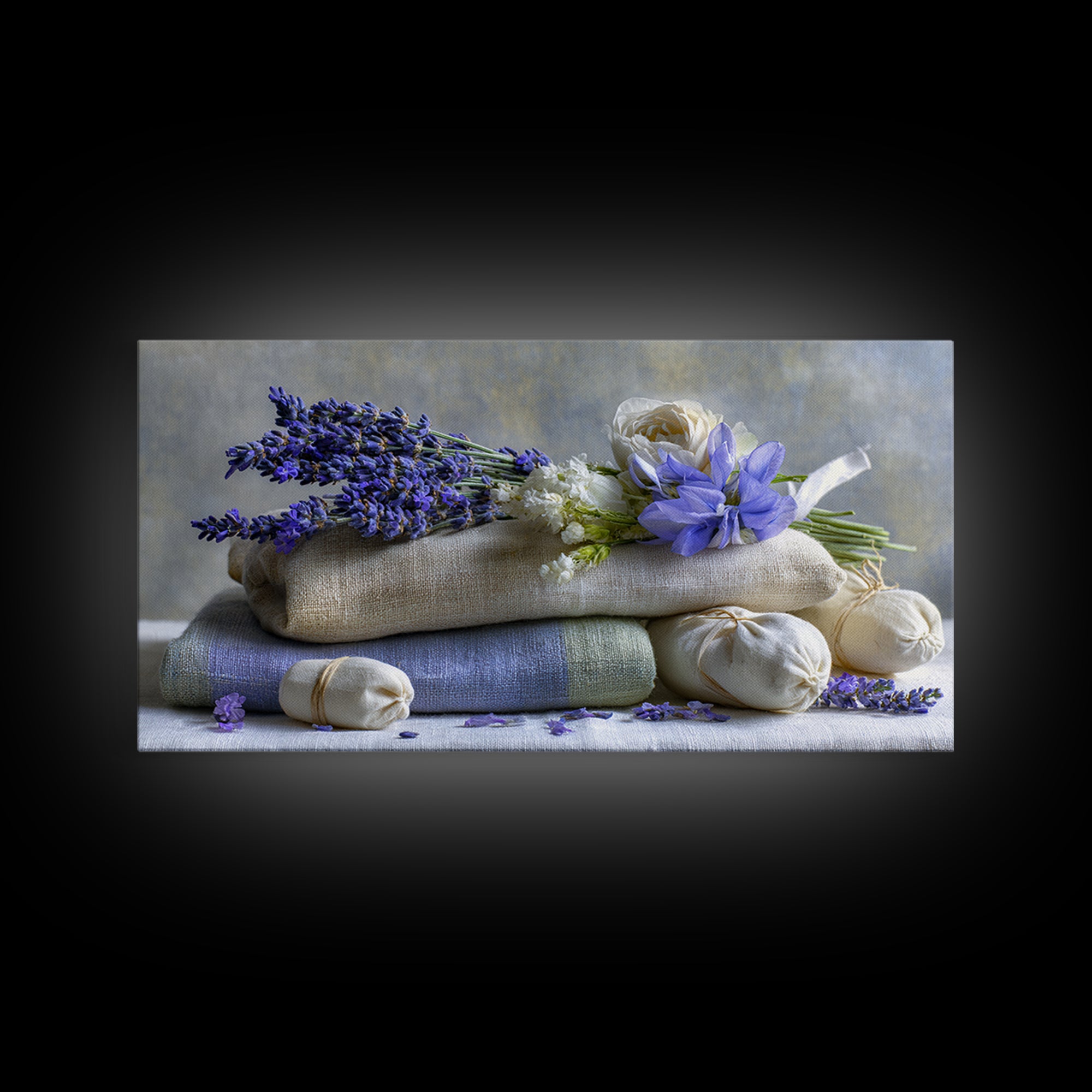 Lavender Sachet and Ribbon Still Life Framed Canvas Print, Laundry Room Art, Minimalist Decor, Living Room Decor, Clean, LRA-2x1-37