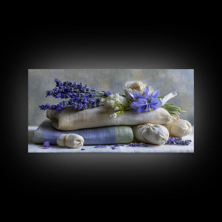 Lavender Sachet and Ribbon Still Life Framed Canvas Print, Laundry Room Art, Minimalist Decor, Living Room Decor, Clean, LRA-2x1-37