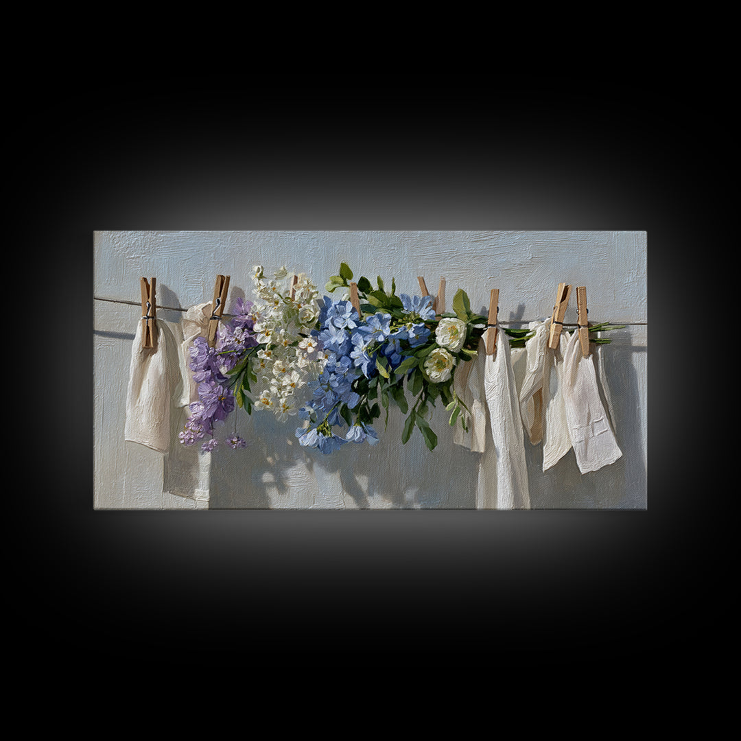 Clothespin Bouquet in Folk Art Style Framed Canvas Print, Laundry Room Art, Wall Decor, Living Room Decor, Fine Art, Clean, LRA-2x1-40