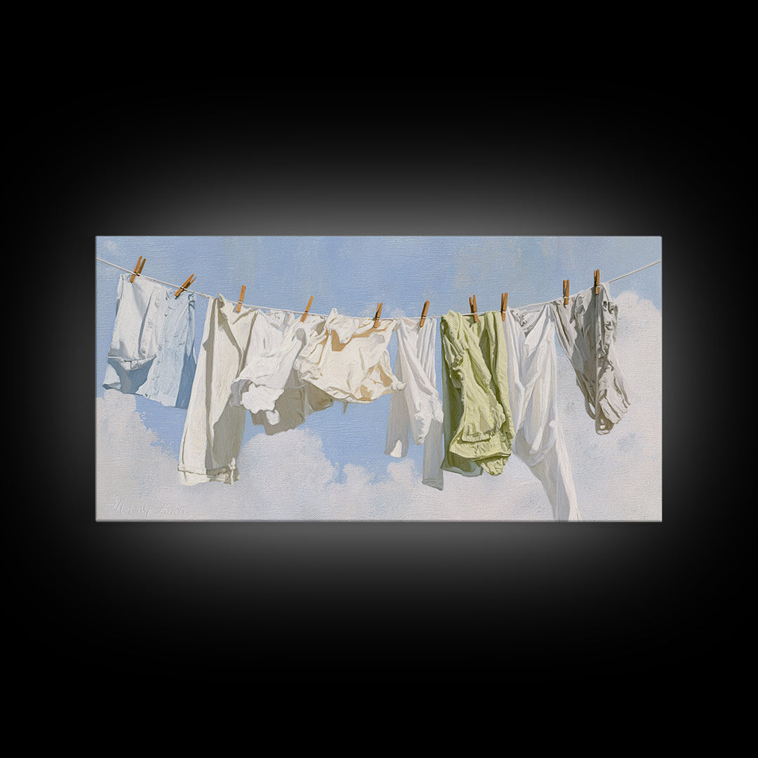 Clothesline with White Linens Blowing in Sunshine Canvas Print, Laundry Room Art, Digital Wall Art, Living Room Decor, Clean, LRA-2x1-45