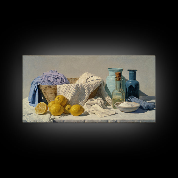 Lemon and Clean Linen Still Life Canvas Print, Laundry Room Art, Farmhouse Decor, Living Room Decor, Abstract Art, Clean, LRA-2x1-47