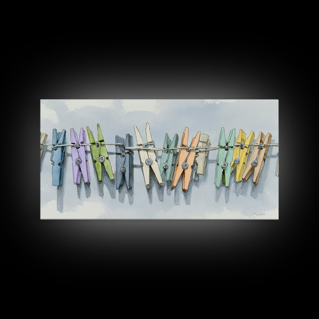 Cheerful Clothespins Arranged as Pattern Canvas Print, Laundry Room Art, Digital Art, Living Room Decor, Fine Art, Clean, LRA-2x1-48