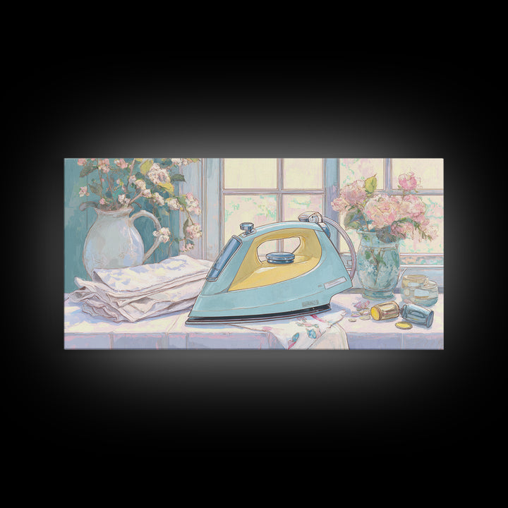 Retro Iron Illustration Framed Canvas Print, Laundry Room Art, Living Room Decor, Watercolor Art, Clean, Wall Art Print, LRA-2x1-5