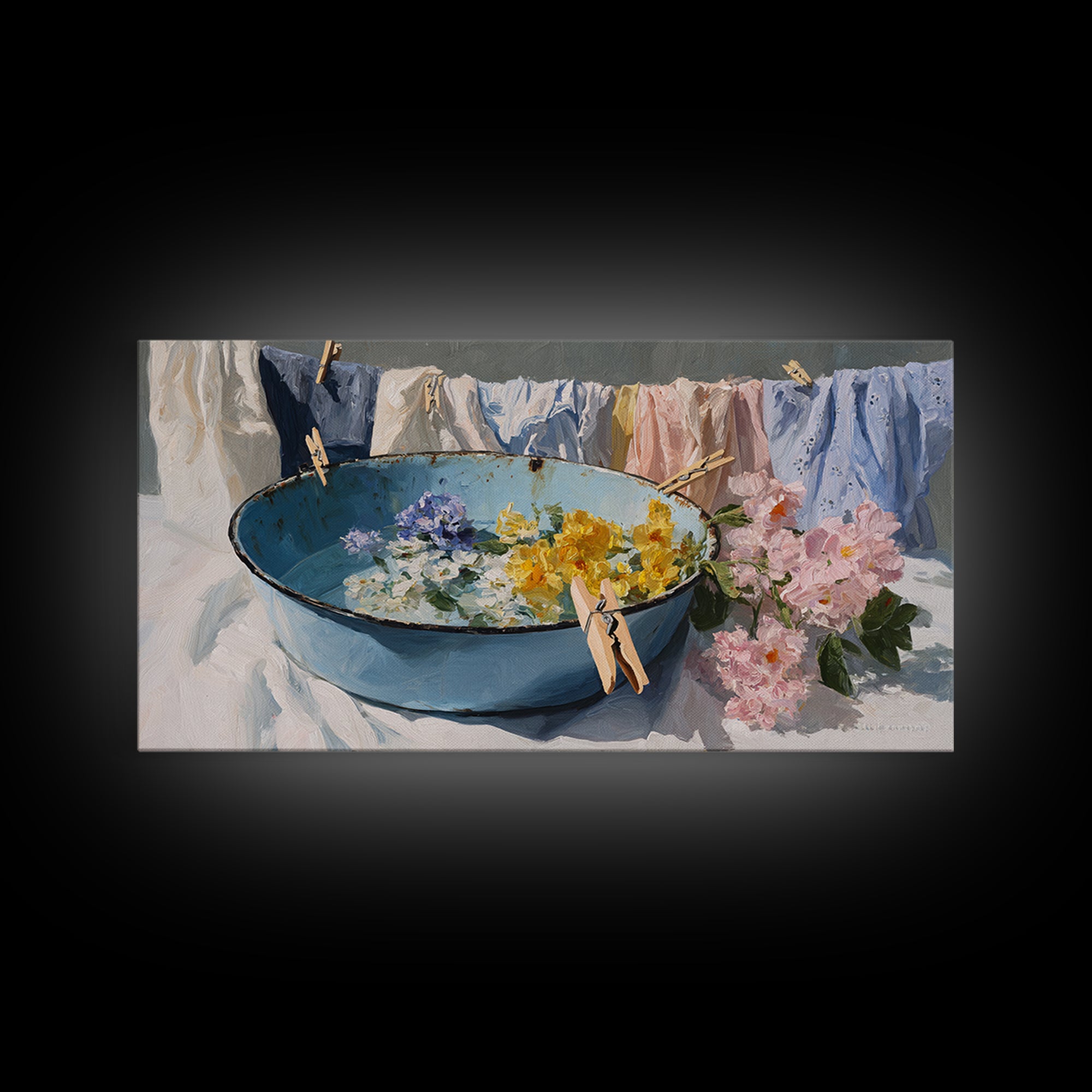 Old Enamel Basin Filled Canvas Print, Laundry Room Art, Printable Wall Art, Living Room Decor, Watercolor Art, Clean, LRA-2x1-52
