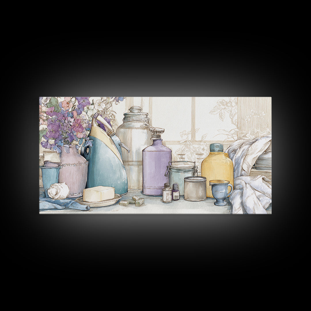 Retro Iron Illustration Canvas Print, Laundry Room Art, Digital Print, Living Room Decor, Oil Painting, Clean, Custom Wall Art, LRA-2x1-53