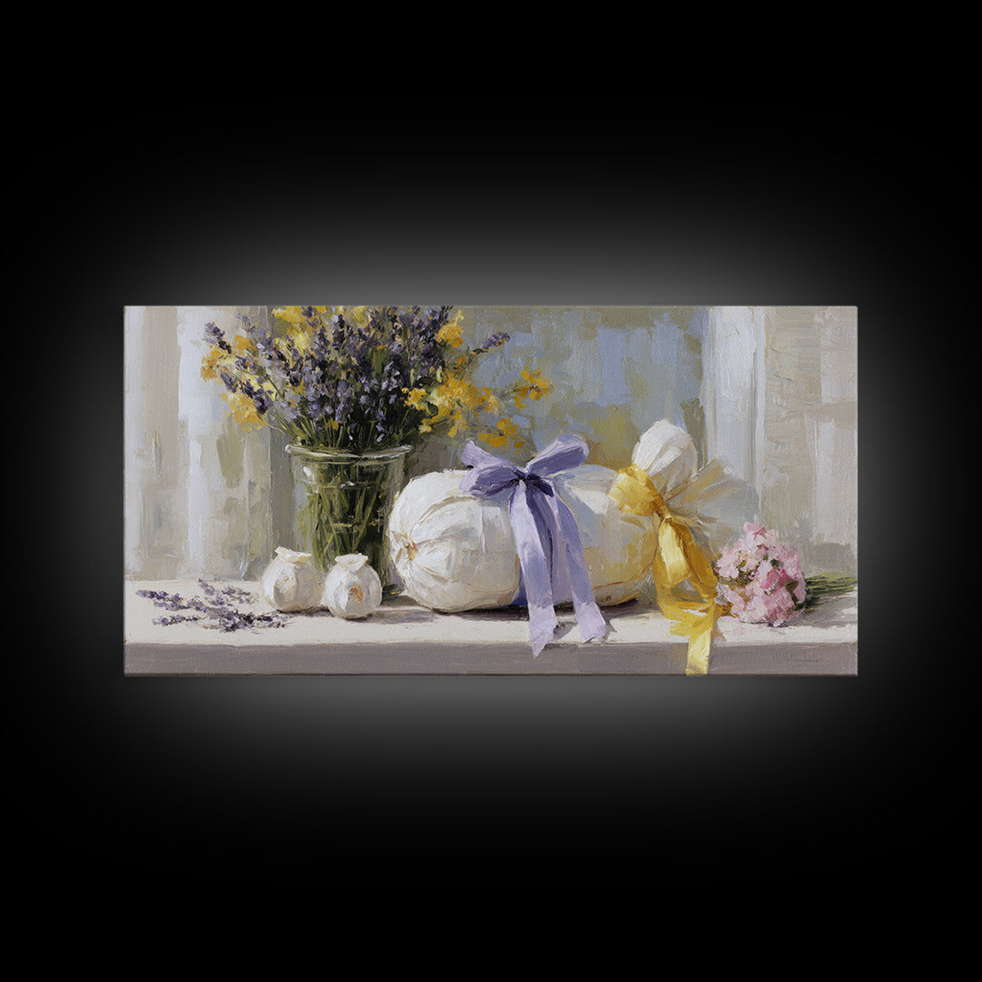 Lavender Sachet and Ribbon Still Life Canvas Print, Laundry Room Art, Printable Wall Art, Living Room Decor, Fine Art, Clean, LRA-2x1-61