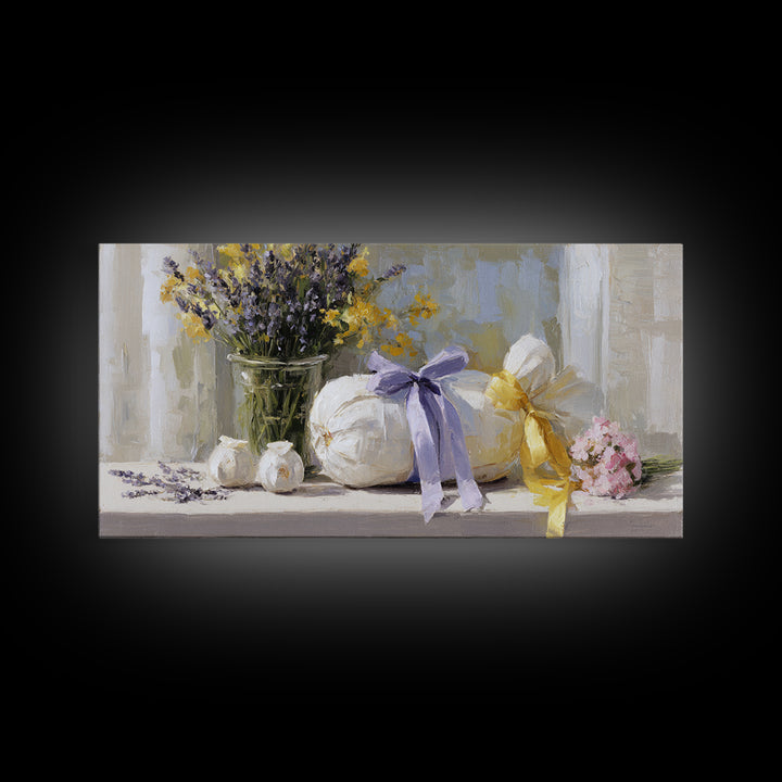 Lavender Sachet and Ribbon Still Life Canvas Print, Laundry Room Art, Printable Wall Art, Living Room Decor, Fine Art, Clean, LRA-2x1-61