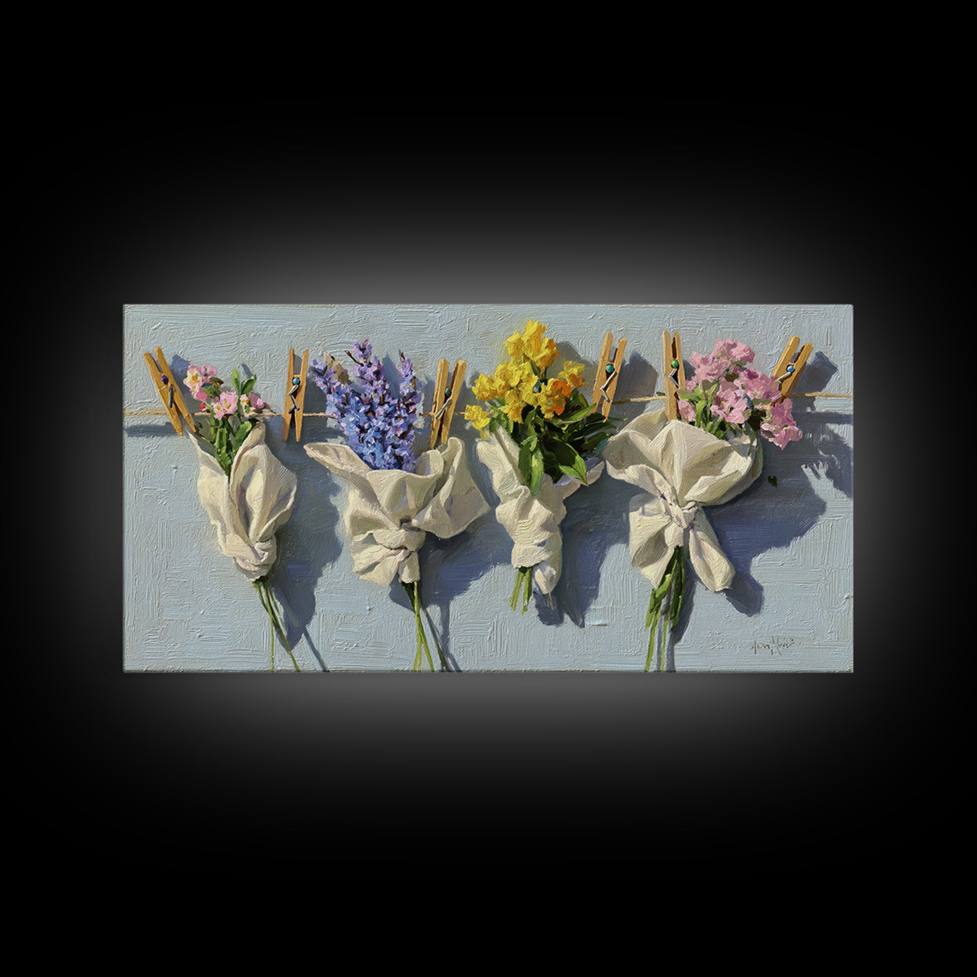 Clothespin Bouquet in Folk Art Style Canvas Print, Laundry Room Art, Artwork, Living Room Decor, Clean, Minimalist Wall Art, LRA-2x1-64
