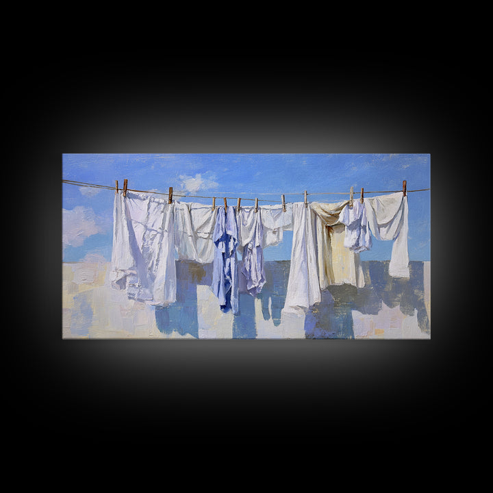 Clothesline with White Linens Blowing in Sunshine Canvas Print, Laundry Room Art, Farmhouse Decor, Living Room Decor, Clean, LRA-2x1-69