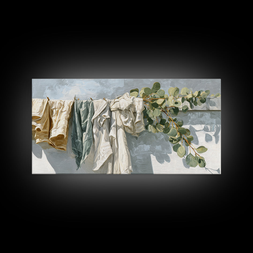 Sunlit White Towels and Eucalyptus Branch Framed Canvas Print, Laundry Room Art, Living Room Decor, Watercolor Art, Clean, LRA-2x1-7
