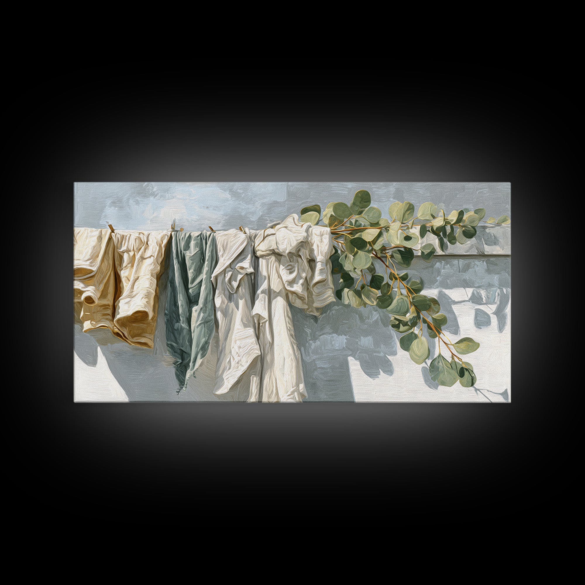 Sunlit White Towels and Eucalyptus Branch Framed Canvas Print, Laundry Room Art, Living Room Decor, Watercolor Art, Clean, LRA-2x1-7
