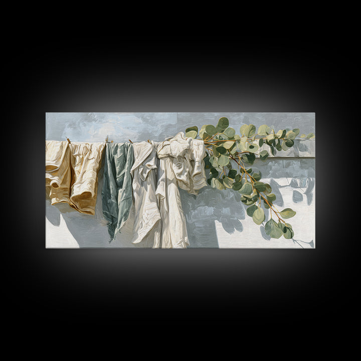 Sunlit White Towels and Eucalyptus Branch Framed Canvas Print, Laundry Room Art, Living Room Decor, Watercolor Art, Clean, LRA-2x1-7