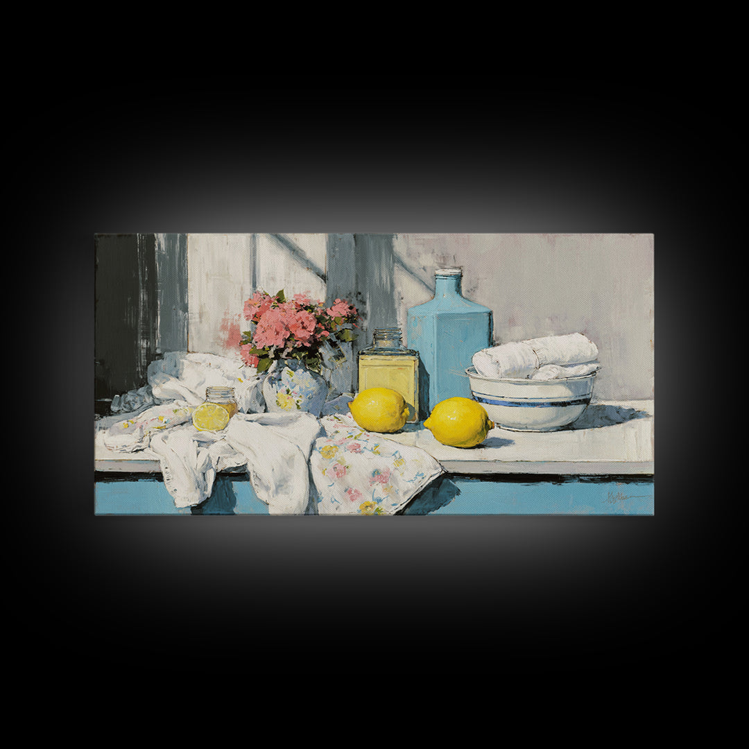 Lemon and Clean Linen Still Life Canvas Print, Laundry Room Art, Downloadable Art, Living Room Decor, Fine Art, Clean, LRA-2x1-71