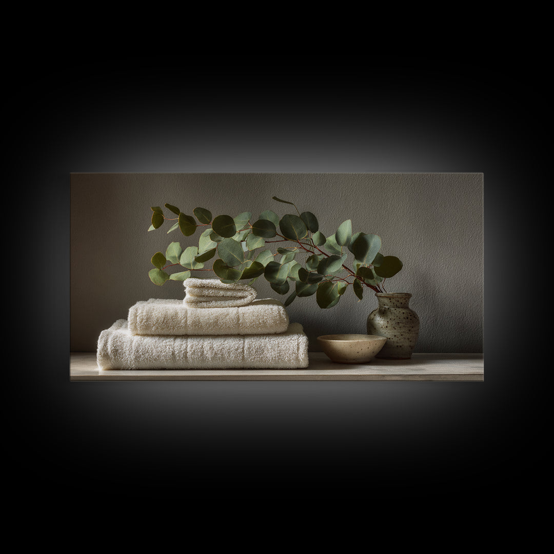 Sunlit White Towels and Eucalyptus Branch Canvas Print, Laundry Room Art, Gallery Wall Prints, Living Room Decor, Clean, LRA-2x1-79