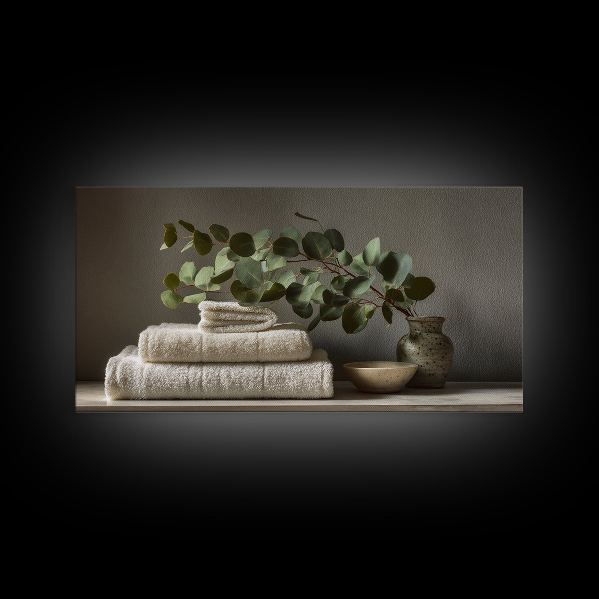 Sunlit White Towels and Eucalyptus Branch Canvas Print, Laundry Room Art, Gallery Wall Prints, Living Room Decor, Clean, LRA-2x1-79