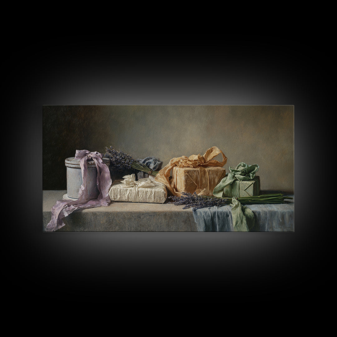 Lavender Sachet and Ribbon Still Life Framed Canvas Print, Laundry Room Art, Printable Art, Living Room Decor, Fine Art, Clean, LRA-2x1-85