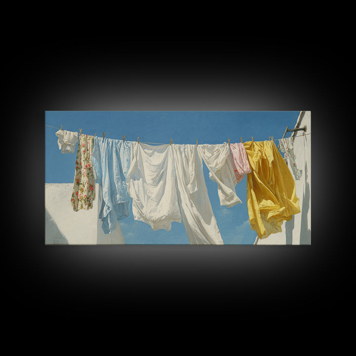 Clothesline with White Linens Blowing in Sunshine Canvas Print, Laundry Room Art, Farmhouse Decor, Living Room Decor, Clean, LRA-2x1-93