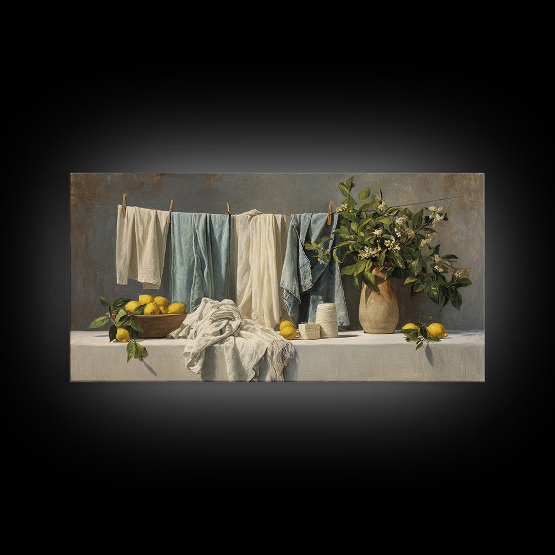 Lemon and Clean Linen Still Life Framed Canvas Print, Laundry Room Art, Digital Art Print, Living Room Decor, Fine Art, Clean, LRA-2x1-95