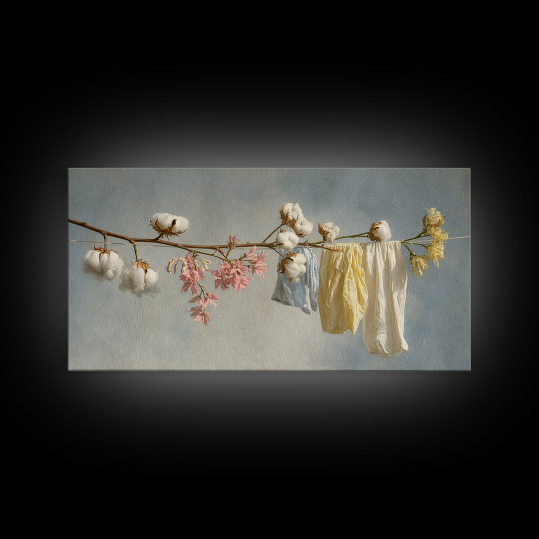 Fresh Cotton Branch Botanical Study Framed Canvas Print, Laundry Room Art, Wall Art Print, Living Room Decor, Watercolor Art, LRA-2x1-99