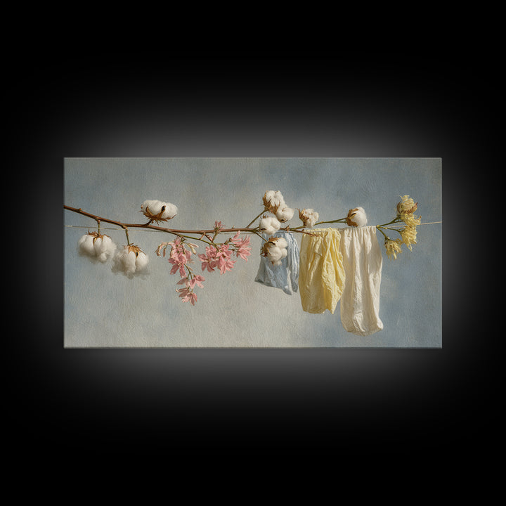 Fresh Cotton Branch Botanical Study Framed Canvas Print, Laundry Room Art, Wall Art Print, Living Room Decor, Watercolor Art, LRA-2x1-99