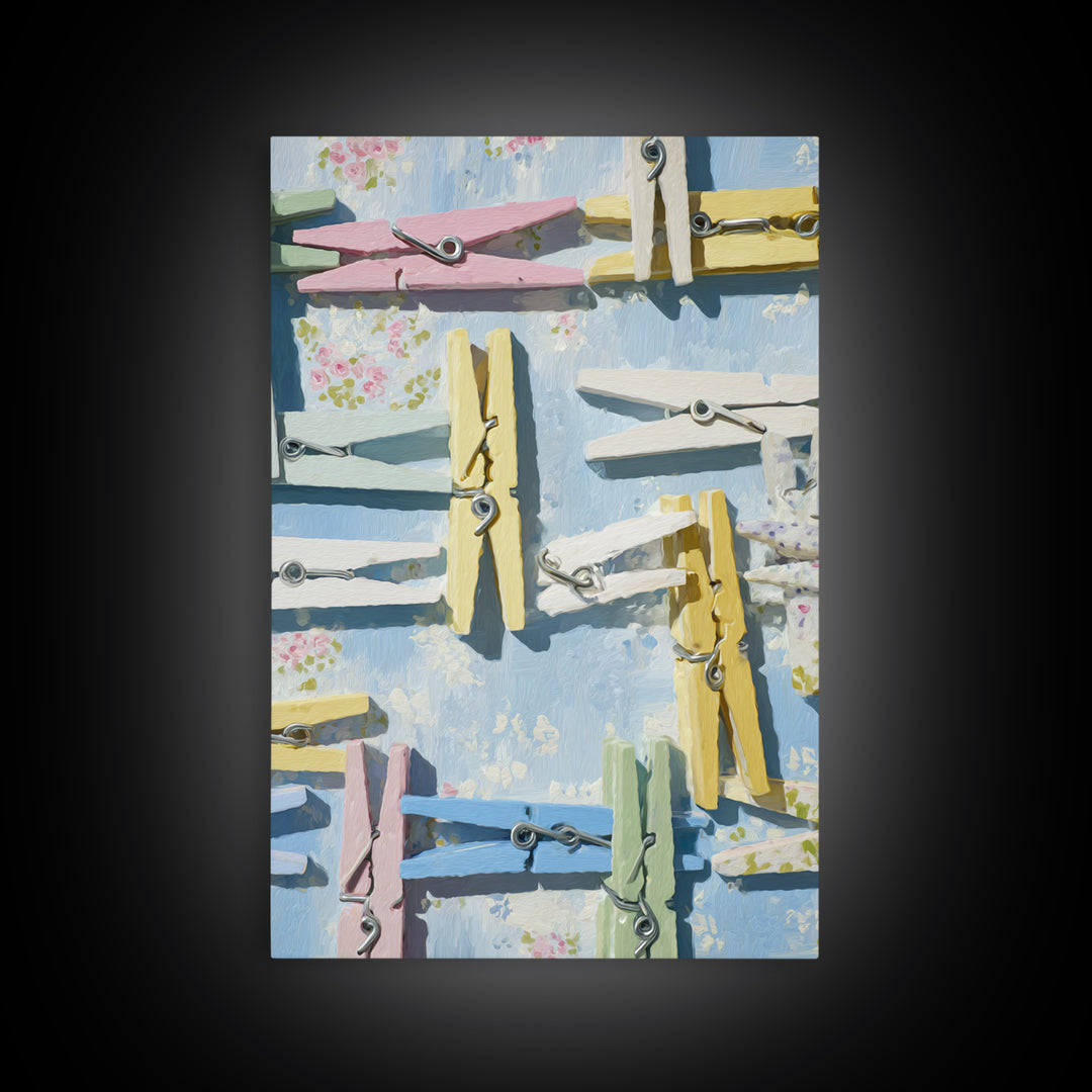 Cheerful Clothespins Arranged as Pattern Framed Canvas Print, Laundry Room Art, Minimalist Decor, Living Room Decor, LRA-2x3-12