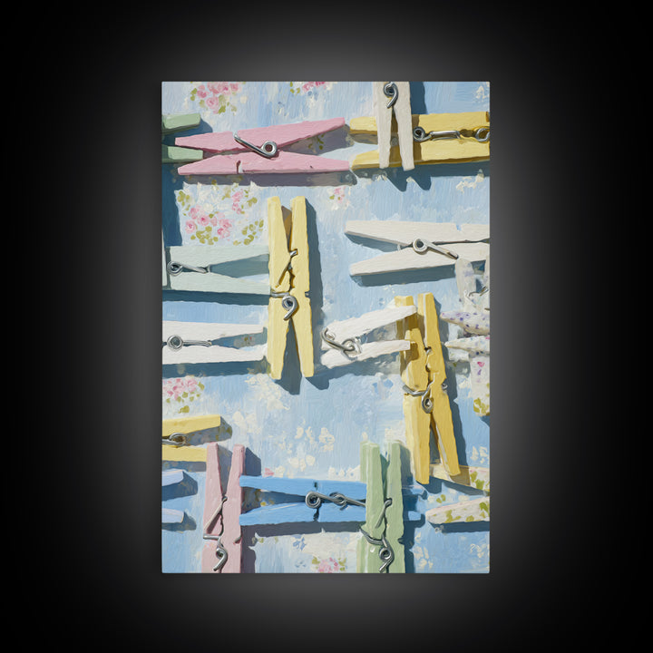 Cheerful Clothespins Arranged as Pattern Framed Canvas Print, Laundry Room Art, Minimalist Decor, Living Room Decor, LRA-2x3-12