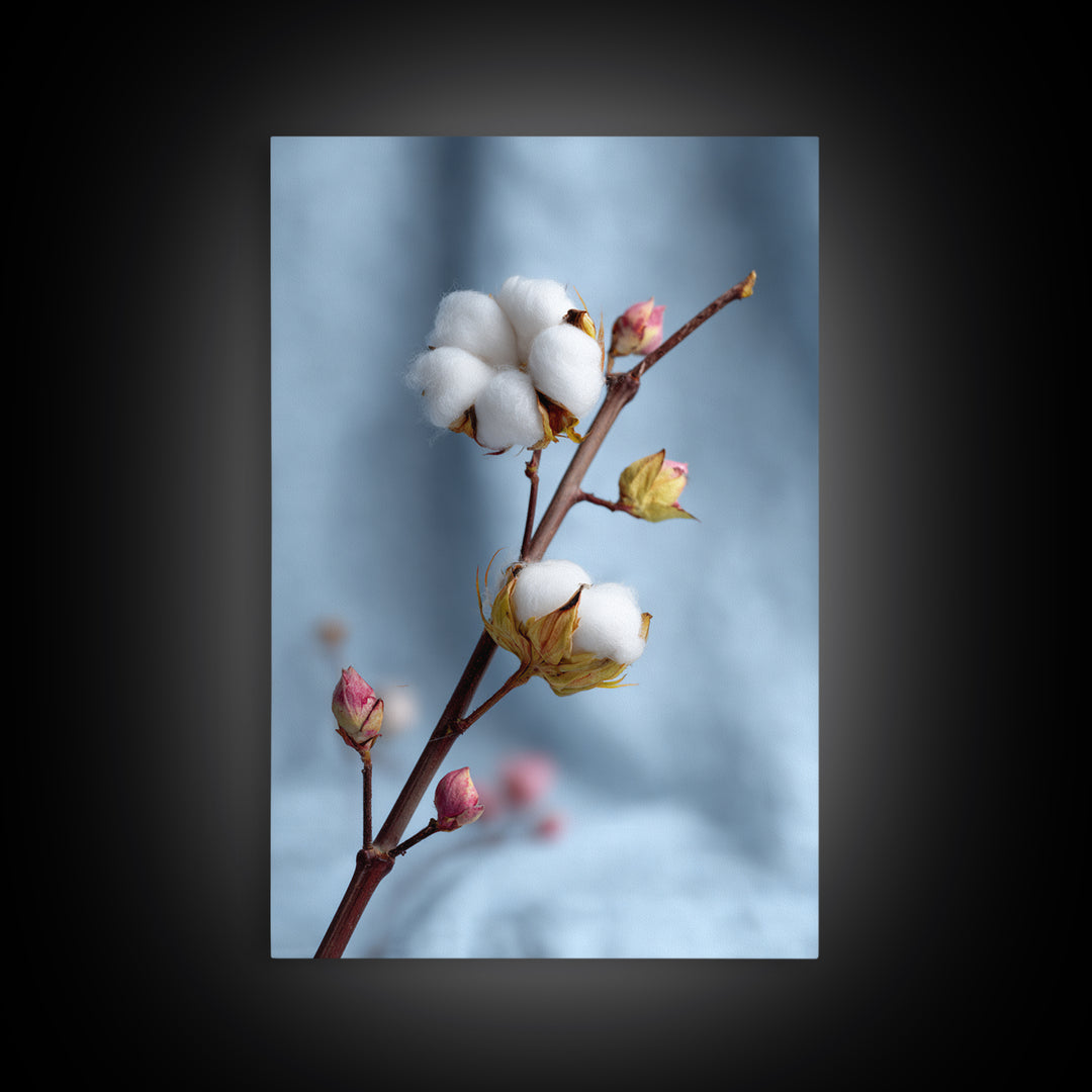 Fresh Cotton Branch Botanical Study Canvas Print, Laundry Room Art, Gallery Decor, Living Room Decor, Oil Painting, Clean, LRA-2x3-15